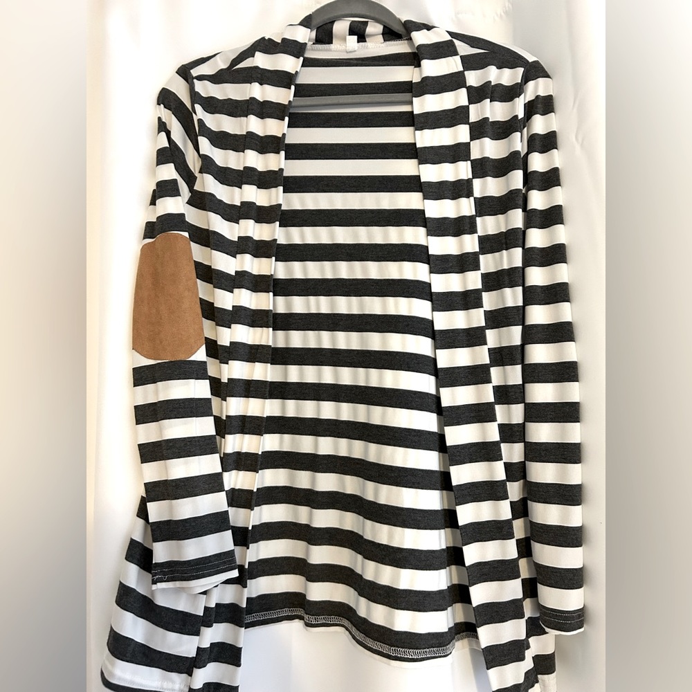 EUC charcoal and cream striped cardigan with suede elbow patches
